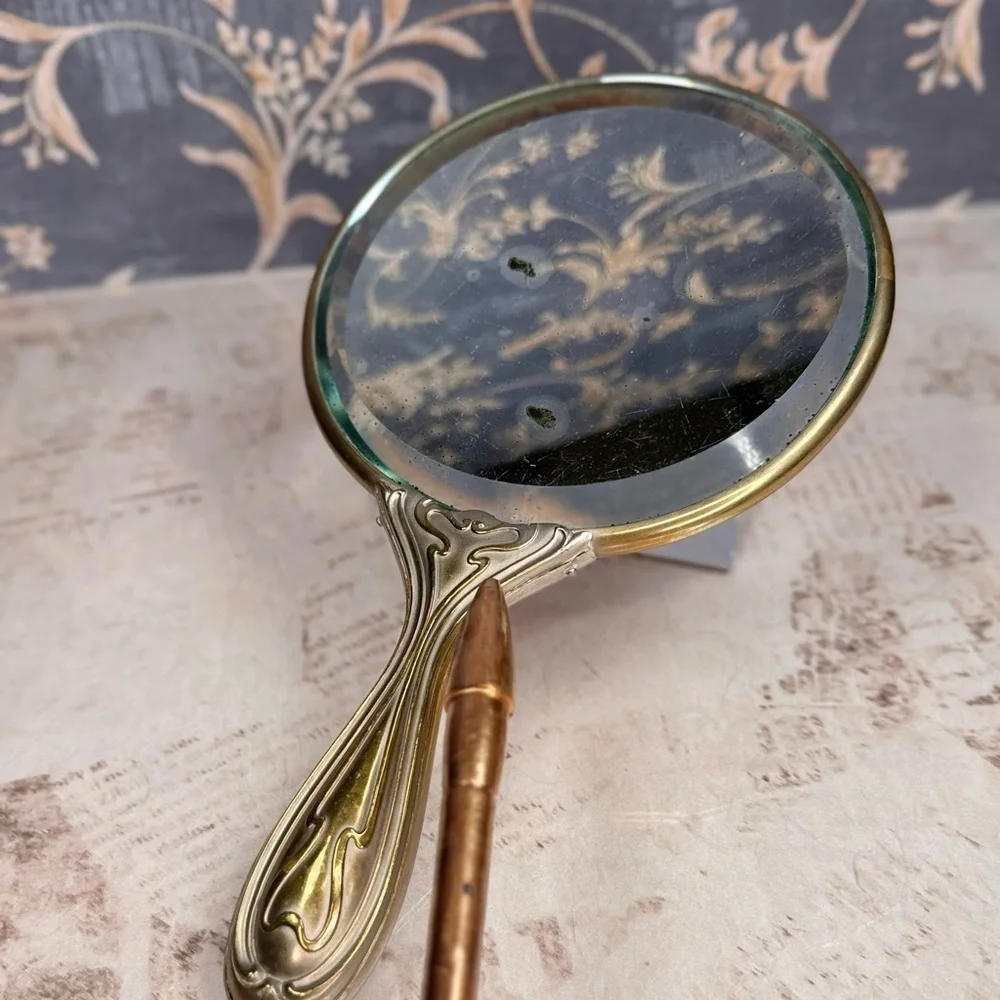 Antique Art Nouveau Repousse Vanity Hand Mirror Maiden Floral